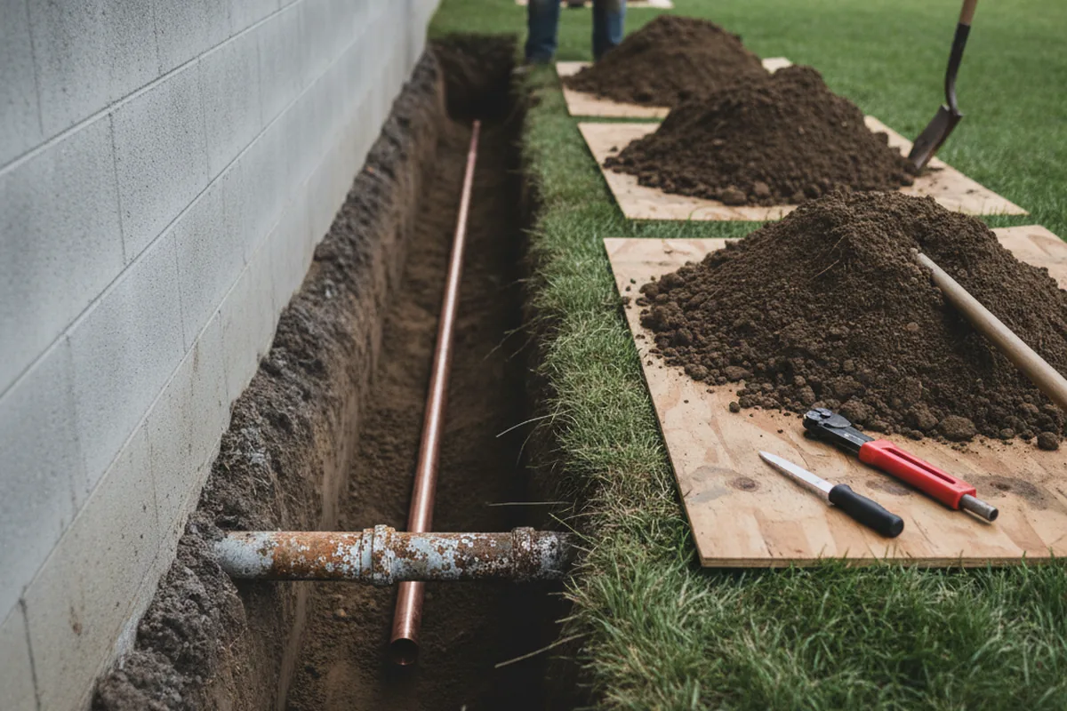 Excavated water line trench during Sewer Line Repair in Big Sandy